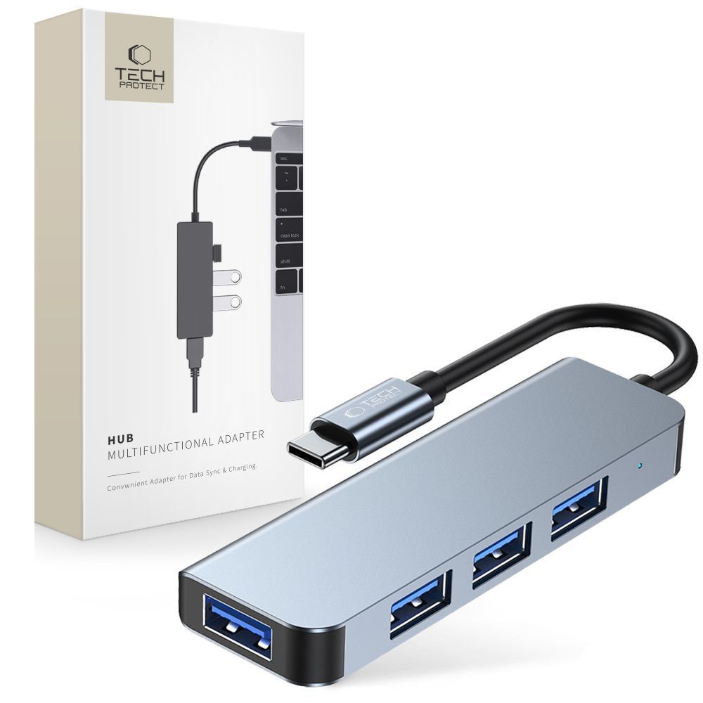 HUB Tech-Protect V1 4in1 USB-C - 3x USB-A 2.0 / USB-A 3.0 - pilkas