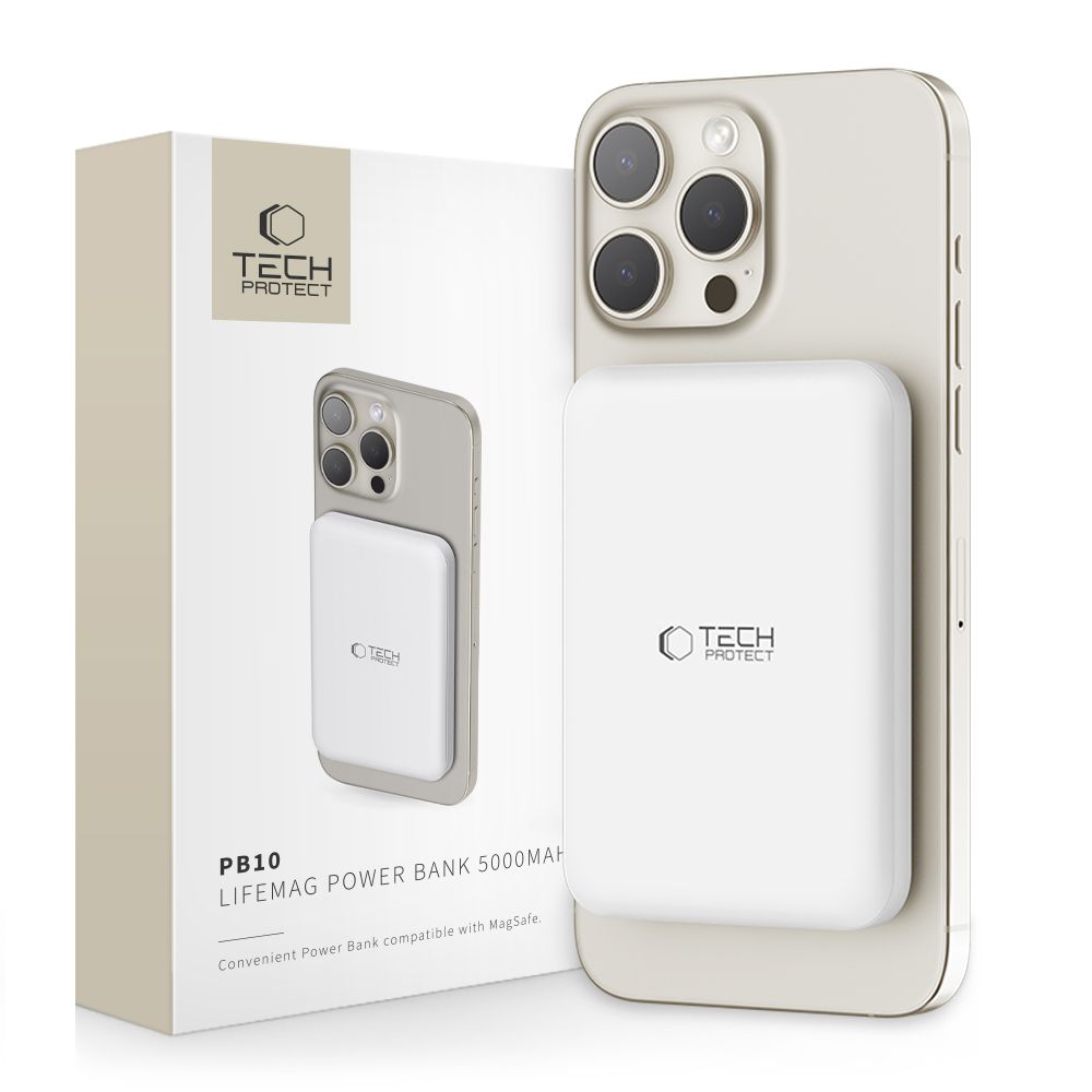 Tech-Protect LifeMag PB10 išorinė baterija su MagSafe 5000mAh 15W USB-C prievadas - balta + USB-C kabelis