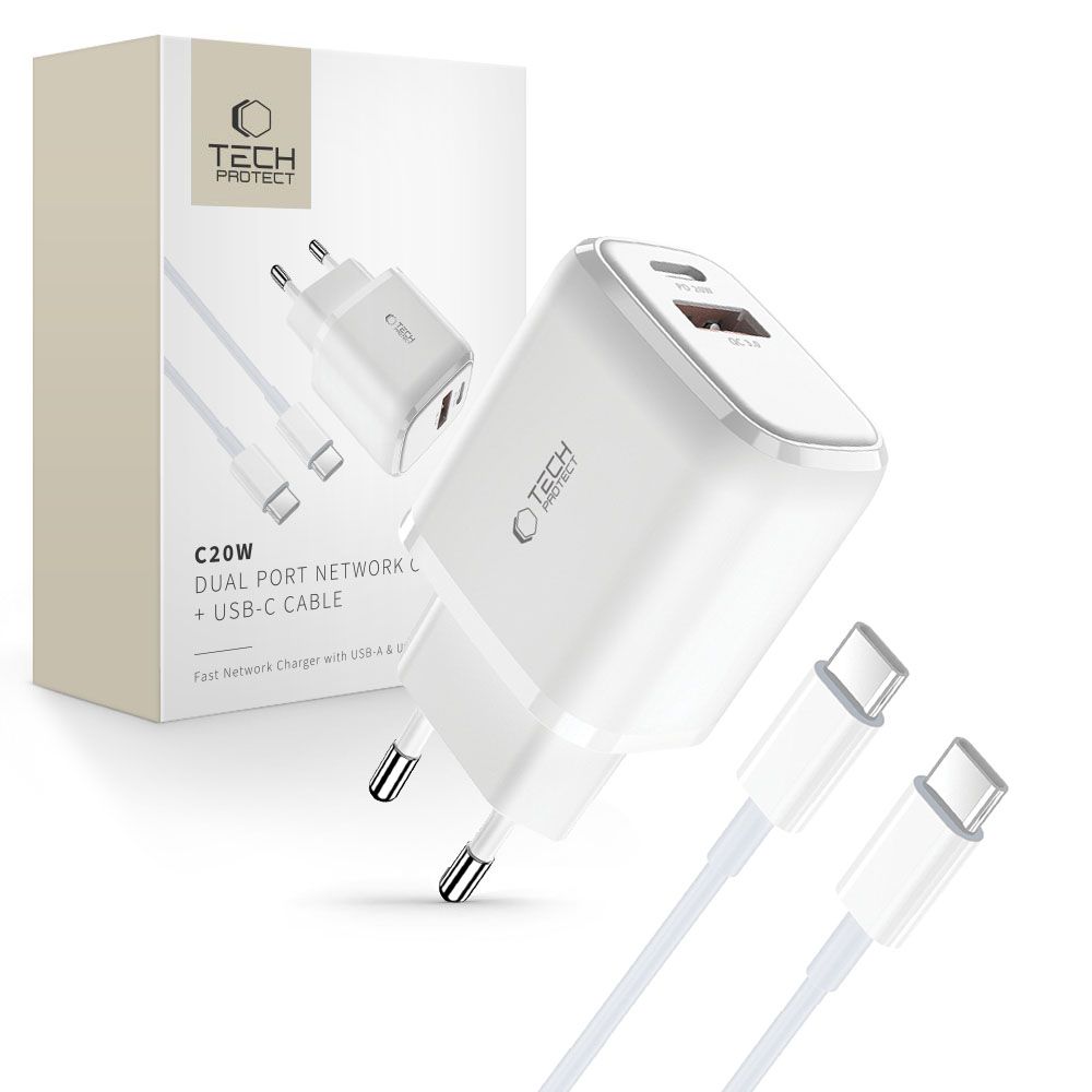 Tech-Protect C20W USB-C PD 20W / USB-A QC 3.0 įkroviklis su USB-C / USB-C kabeliu - baltas