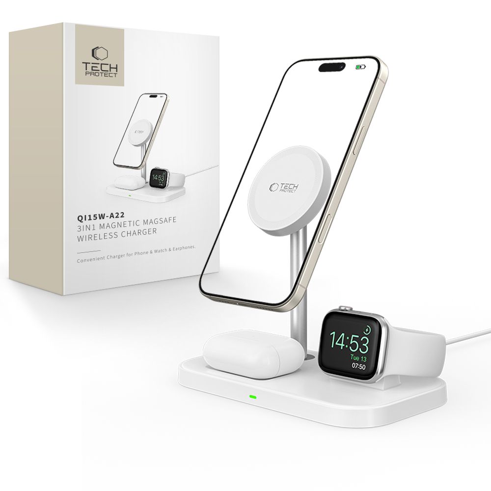 Tech-Protect QI15W-A22 MagSafe indukcinis įkroviklis su 3in1 MagSafe stovu išmaniajam telefonui / Apple Watch / AirPods - baltas