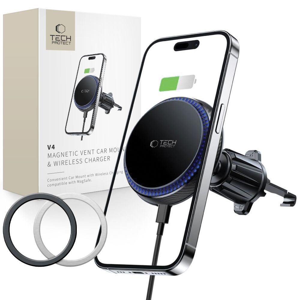 Tech-Protect MM15W-V4 automobilinis telefono laikiklis su MagSafe 15W indukciniu įkrovikliu, tvirtinamas prie oro angos - juodas