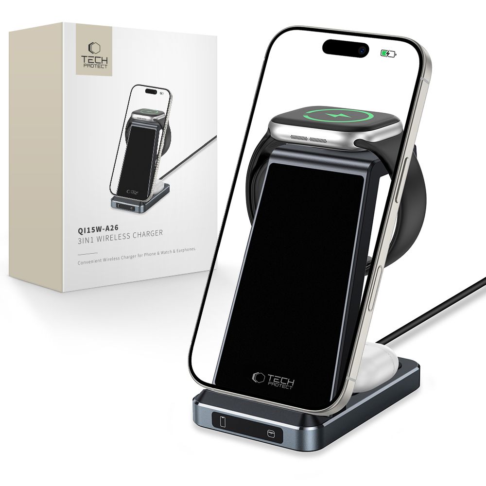 Tech-Protect QI15W-A26 indukcinis įkroviklis 15W 3in1 išmaniesiems telefonams / ausinėms / Apple Watch - juodas