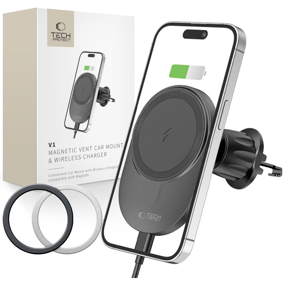 Tech-Protect MM15W-V1 automobilinis telefono laikiklis su MagSafe 15W indukciniu įkrovikliu, tvirtinamas prie oro angos - juodas