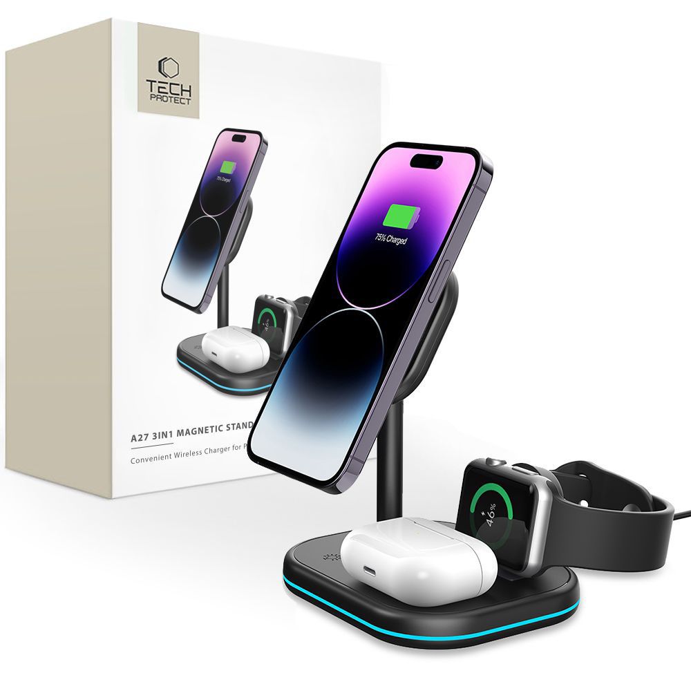 Tech-Protect QI15W-A27 3-in-1 indukcinis įkroviklis su MagSafe stovu išmaniajam telefonui / Apple Watch / AirPods - juodas