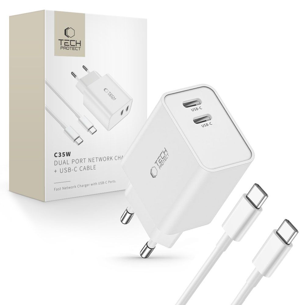 Tech-Protect C35W 2x USB-C PD 35W įkroviklis su USB-C / USB-C kabeliu - baltas