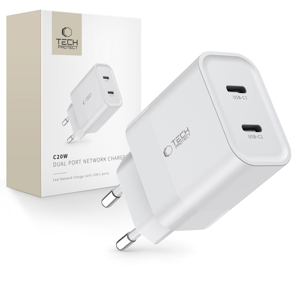 Tech-Protect C20W įkroviklis 2x USB-C PD 20W - baltas