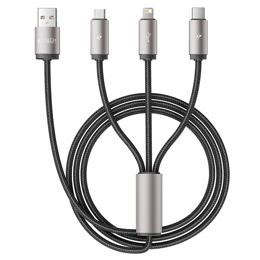 "Tech-Protect UltraBoost 3in1" USB-A - "Lightning" / USB-C / "micro USB 3,5A" laidas 1 m - pilkos spalvos