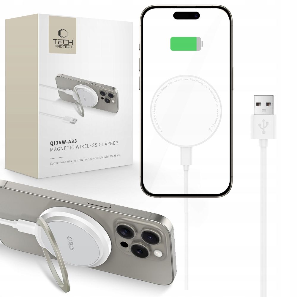 Tech-Protect QI15W-A33 indukcinis įkroviklis su MagSafe ir stovu su USB-A / USB-C kabeliu - baltas