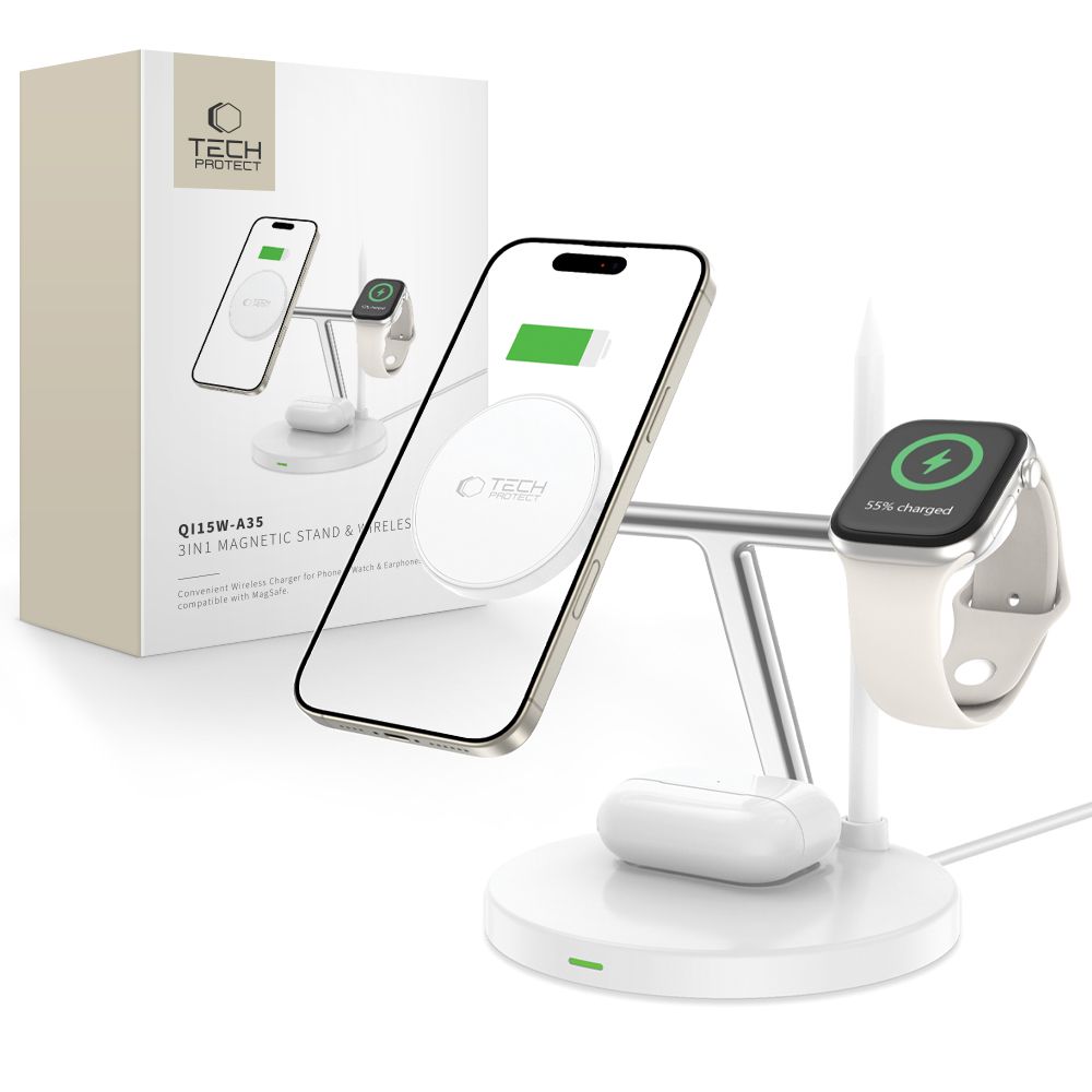 Tech-Protect QI15W-A35 3 viename indukcinis įkroviklis su MagSafe telefonui / AirPods / Apple Watch - baltas