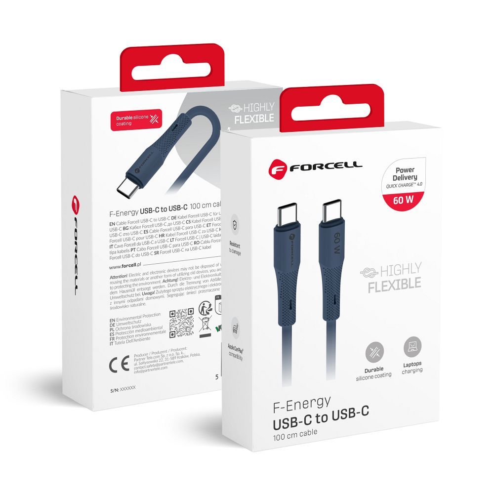 USB kabelis Forcell (C344) "USB-C (Type-C) to USB-C (Type-C)" (3A 60W 1m) mėlynas