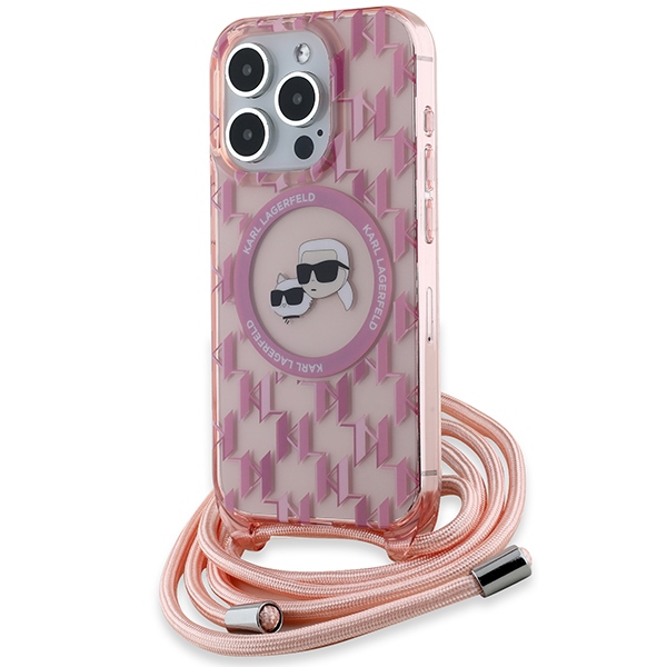 Karl Lagerfeld IML Crossbody Monogram Karl & Choupette Head MagSafe dėklas telefonui iPhone 15 Pro Max - rožinis