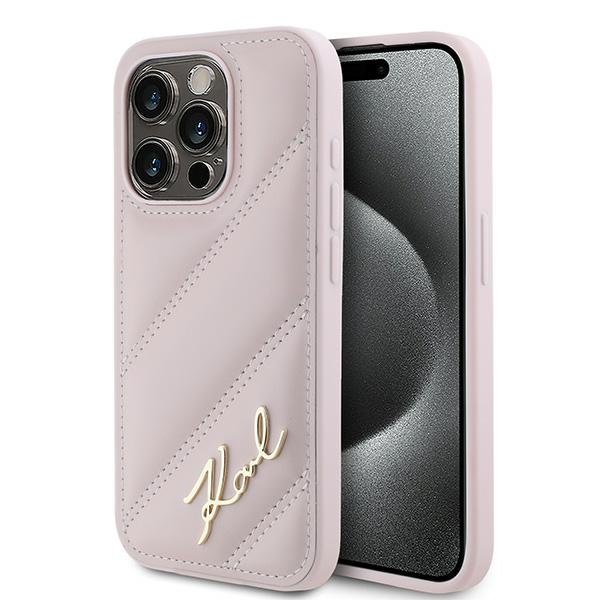 Karl Lagerfeld įstrižai dygsniuotas Script dėklas telefonui iPhone 15 Pro - rožinis