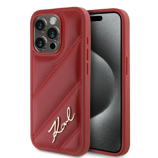 Karl Lagerfeld įstrižai dygsniuotas Script dėklas telefonui iPhone 15 Pro - raudonas