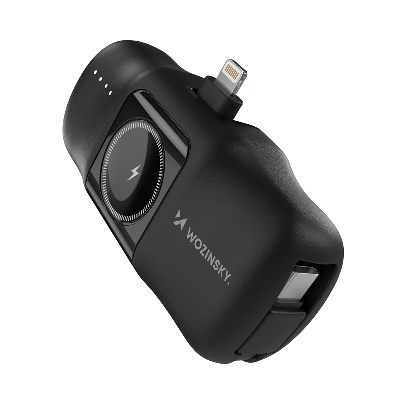Wozinsky WF16-YLS 5000mAh 15W Lightning mini išorinė baterija su įmontuotu USB-C kabeliu ir Apple Watch įkrovikliu - juoda