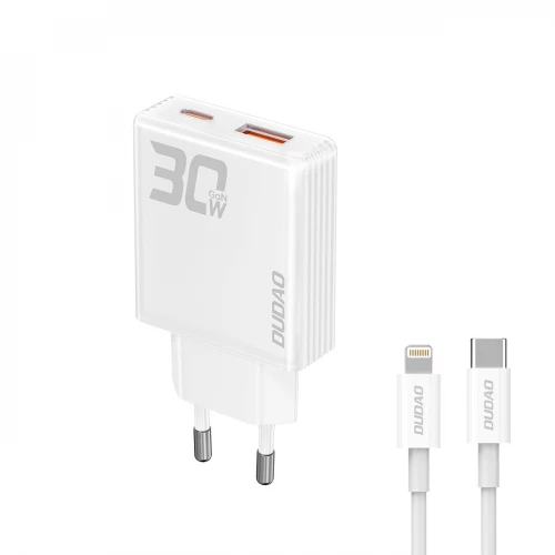 Įkroviklis Dudao A30EUL baltas 30W (1xPD / 1xQC3.0) + Type-C / Lightning laidas