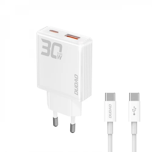 GaN Dudao A30EUT 30W USB-A / USB-C sieninis įkroviklis + USB-C - USB-C kabelis - baltas