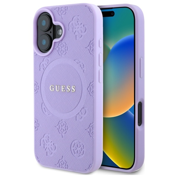 Guess Saffiano bijūno klasikinio logotipo magnetinis dėklas telefonui iPhone 16 - violetinė
