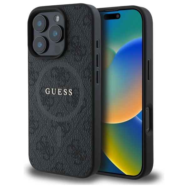 Guess 4G žiedo klasikinio logotipo magnetinis dėklas telefonui iPhone 16 Pro Max - juoda