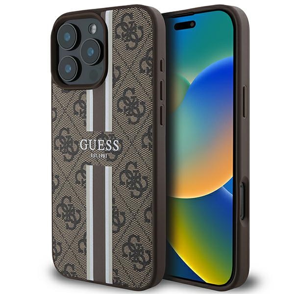 Guess 4G dryžuotas magnetinis dėklas telefonui iPhone 16 Pro Max - ruda