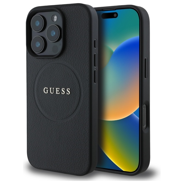 Guess grūdėtas auksinio žiedo magnetinis dėklas telefonui iPhone 16 Pro Max - juoda