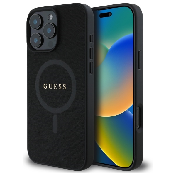 Guess Saffiano klasikinio logotipo magnetinis dėklas telefonui iPhone 16 Pro Max - juoda