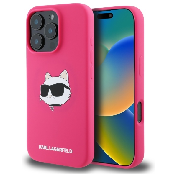 Karl Lagerfeld silikoninis Choupette galvos Magnetinis iPhone 16 Pro dėklas - Rožinis