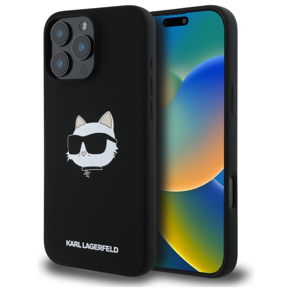 Karl Lagerfeld silikoninis Magnetinis dėklas telefonui iPhone 16 Pro su Choupette galvos atvaizdu - juodas
