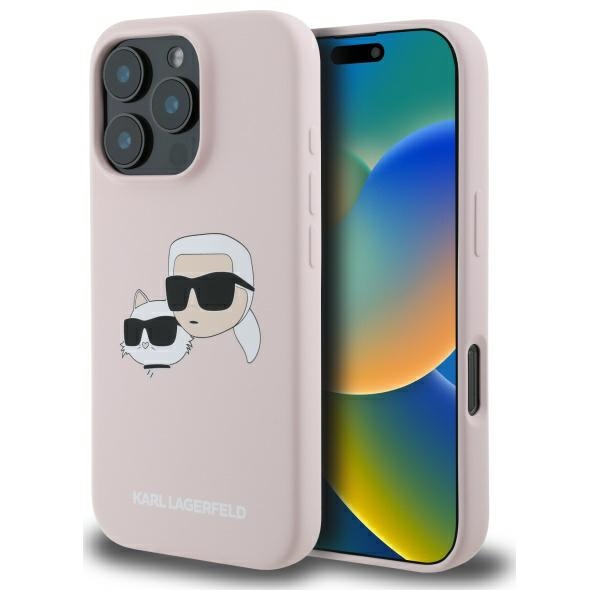 Karl Lagerfeld silikoninis Magnetinis dėklas telefonui iPhone 16 Pro su Nauble galvų atvaizdais - rožinė