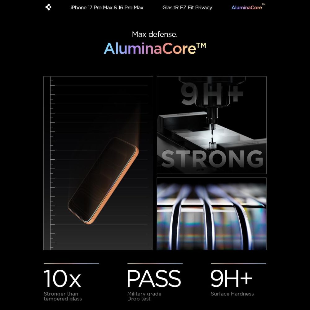 Spigen Glas.tR EZ Fit privatumo grūdintų apsauginių stiklų rinkinys iPhone 16 Pro Max / 17 Pro Max telefonams – 2 vnt.