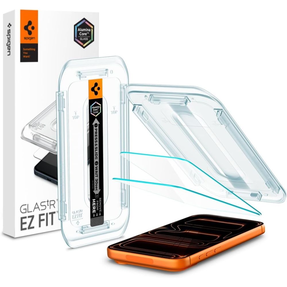 Spigen Glas.tR EZ Fit grūdintų apsauginių stiklų rinkinys iPhone 16 Pro Max / 17 Pro Max telefonams – 2 vnt.