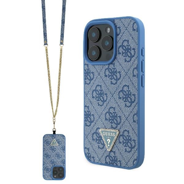 Guess Odinis Metalinis Logotipas Strass Crossbody dėklas telefonui iPhone 16 Pro - mėlynas