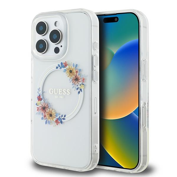 Guess IML Flowers Wreath Magnētinis dėklas iPhone 16 Pro - skaidas
