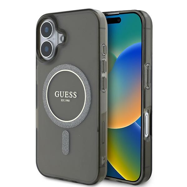 Guess IML Blizgantis Ratas Magnetinis dėklas telefonui iPhone 16 - juodas