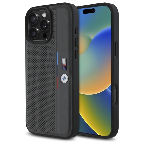 BMW M perforuota trispalvė linija iPhone 16 Pro dėklas - tamsiai pilkas