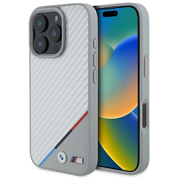 BMW M anglies trispalvė linija Magnetinis dėklas iPhone 16 Pro - pilkas