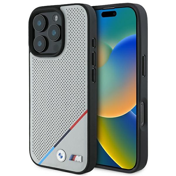 BMW M perforuota trispalvė linija Magnetinis dėklas iPhone 16 Pro - pilkas
