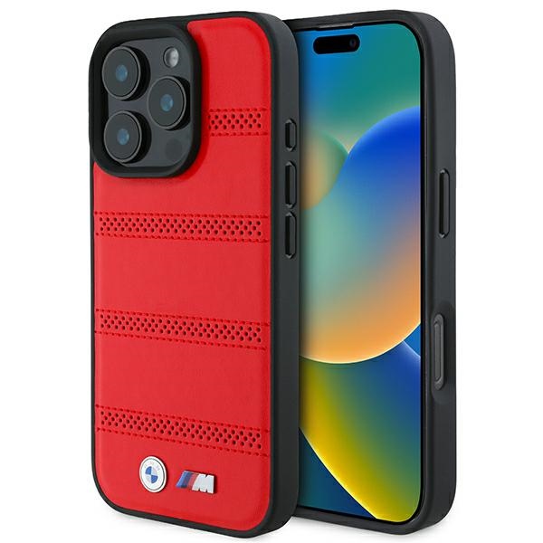 BMW M Perforuotas ir Siūlėtas Linija Magnetinis dėklas telefonui iPhone 16 Pro - raudonas