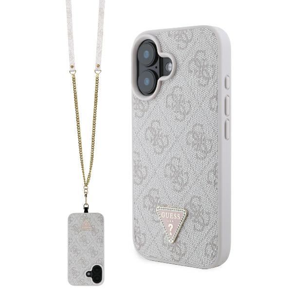 Guess Odinis Crossbody dėklas telefonui iPhone 16 su metaliniu logotipu ir Strass - rožinis