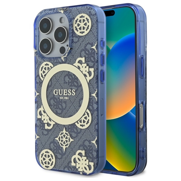Guess IML bijūnas ant 4G fono Magnetinis dėklas telefonui iPhone 16 Pro - mėlynas