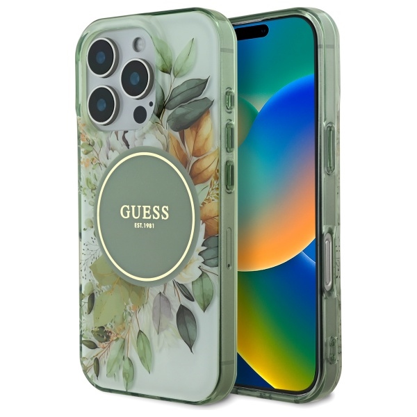 Guess IML Gėlės ir toniniai apskritimai Magnetinis dėklas telefonui iPhone 16 Pro - žalias