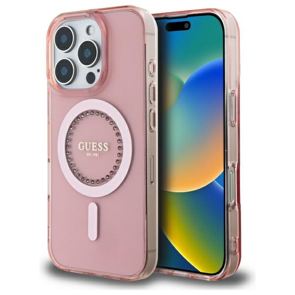 Guess IML Brangakmeniai Magnetinis dėklas telefonui iPhone 16 Pro - rožinis