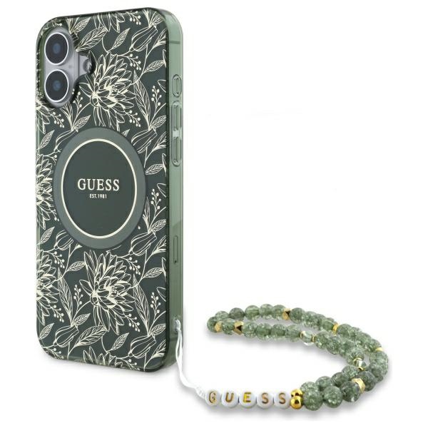 Guess IML Flowers Allover Electro With Pearl Strap MagSafe dėklas telefonui iPhone 16 - žalia