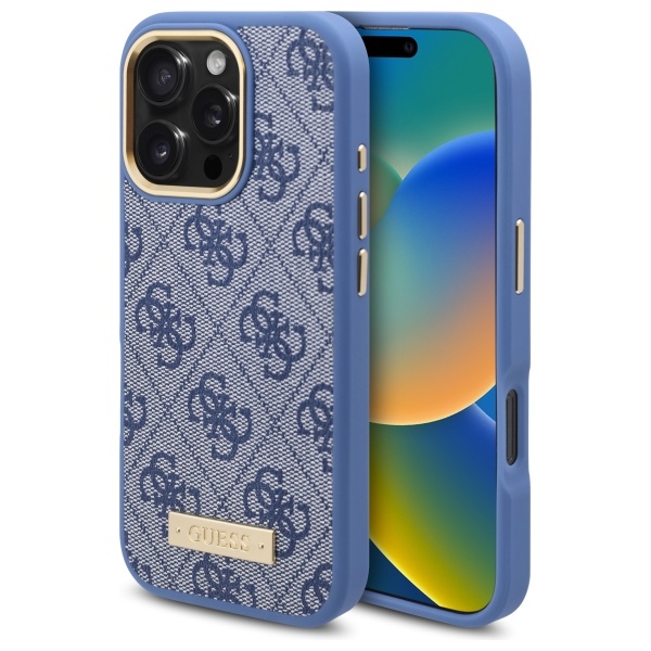 Guess 4G Logo Plate MagSafe iPhone 16 Pro Max dėklas - Blue