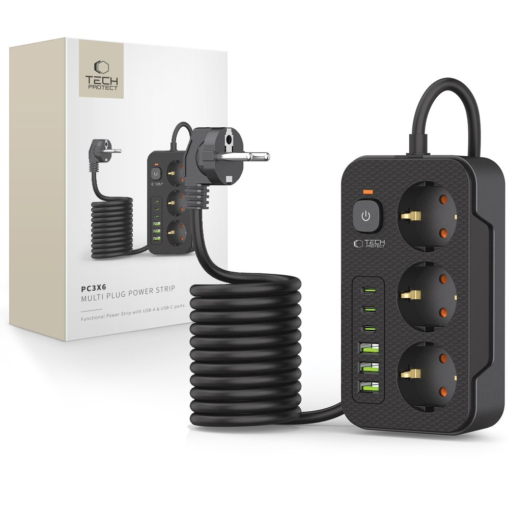 TECH-PROTECT PC3X6 ILGINTUVAS 3 USB & 3 TYPE-C & 3 LIZDŲ 200CM JUODAS