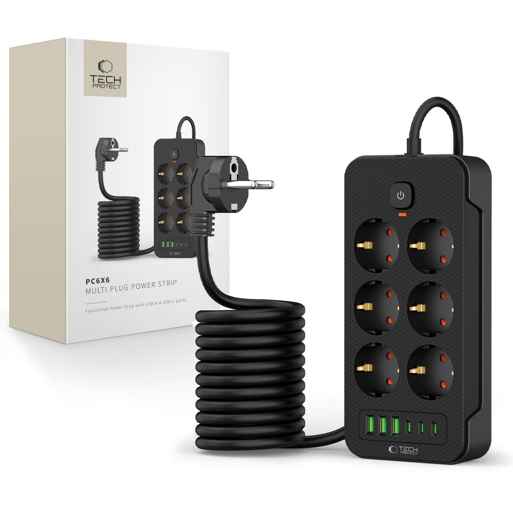 TECH-PROTECT PC6X6 ILGINTUVAS 3 USB & 3 TYPE-C & 6 LIZDŲ 200CM JUODAS
