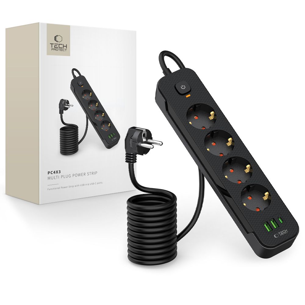 TECH-PROTECT PCL4X3 ILGINTUVAS 2 USB & 1 TYPE-C & 4 LIZDŲ 200CM JUODAS