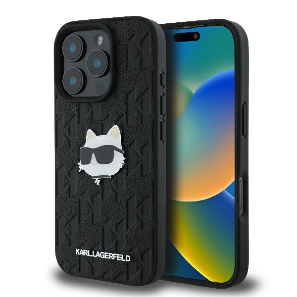 Karl Lagerfeld Monogram Choupette Head Pin dėklas telefonui iPhone 16 Pro - juodas