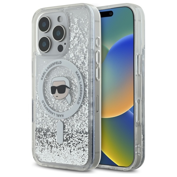 Karl Lagerfeld skystų blizgučių Karl Head magnetinis dėklas telefonui iPhone 16 Pro - skaidrus