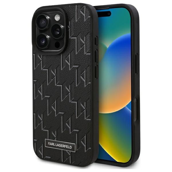 Karl Lagerfeld odinis monogramos metalinio logotipo magnetinis dėklas telefonui iPhone 16 Pro - juodas