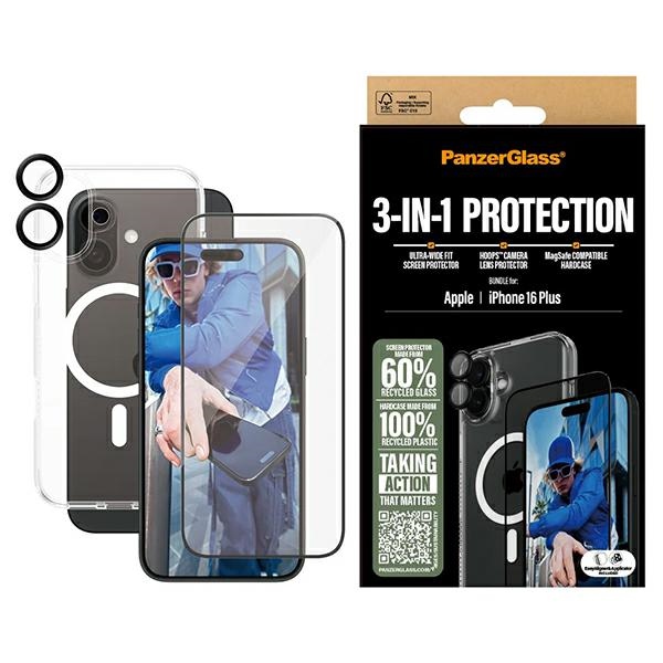 PanzerGlass Rinkinys 3in1 iPhone 16 Plus 6.7 D3O kietasis dėklas + Apsauginis stiklas UWF+ Objektyvo apsauga B1293+2863+1283